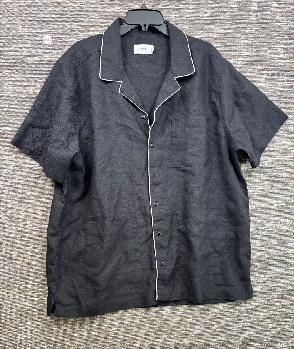 Onia Shirt Mens Size XL Black Linen Blend Short Sleeve Button Up Casual Piped